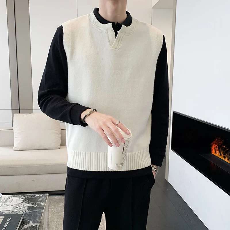 Winter Sweater Vest Men Warm Fashion Slim Fit Korean Casual Vneck Sleeveless Mens Jumper Clothes 250225