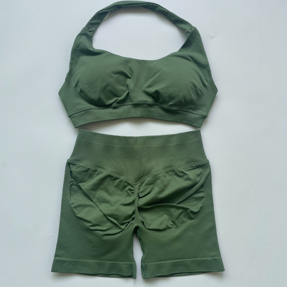 Sport 2 Pieces Seamless Yoga Set Halter Bra Top High Waist Workout Scrunch Shorts Summer Fiess Clothes Gym Suit Outfit Active Wear