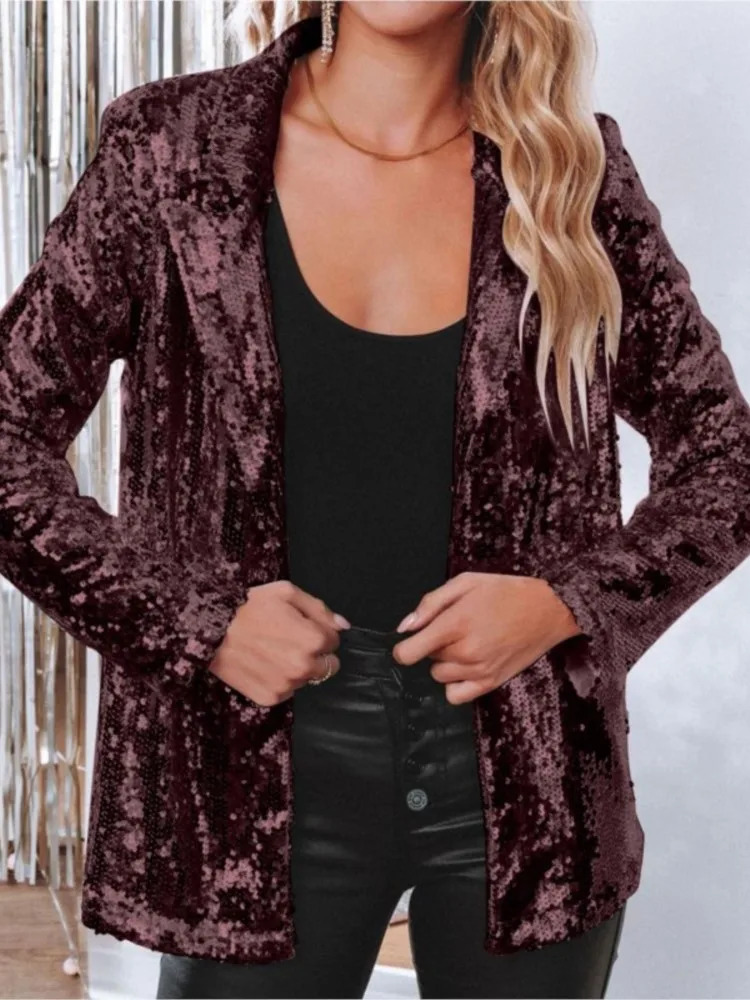Fashion Womens Sequins Jacket Casual Long Sleeve Glitter Party Lapel Blazers Coat Vintage Club Wear Jackets Outerwear 250227