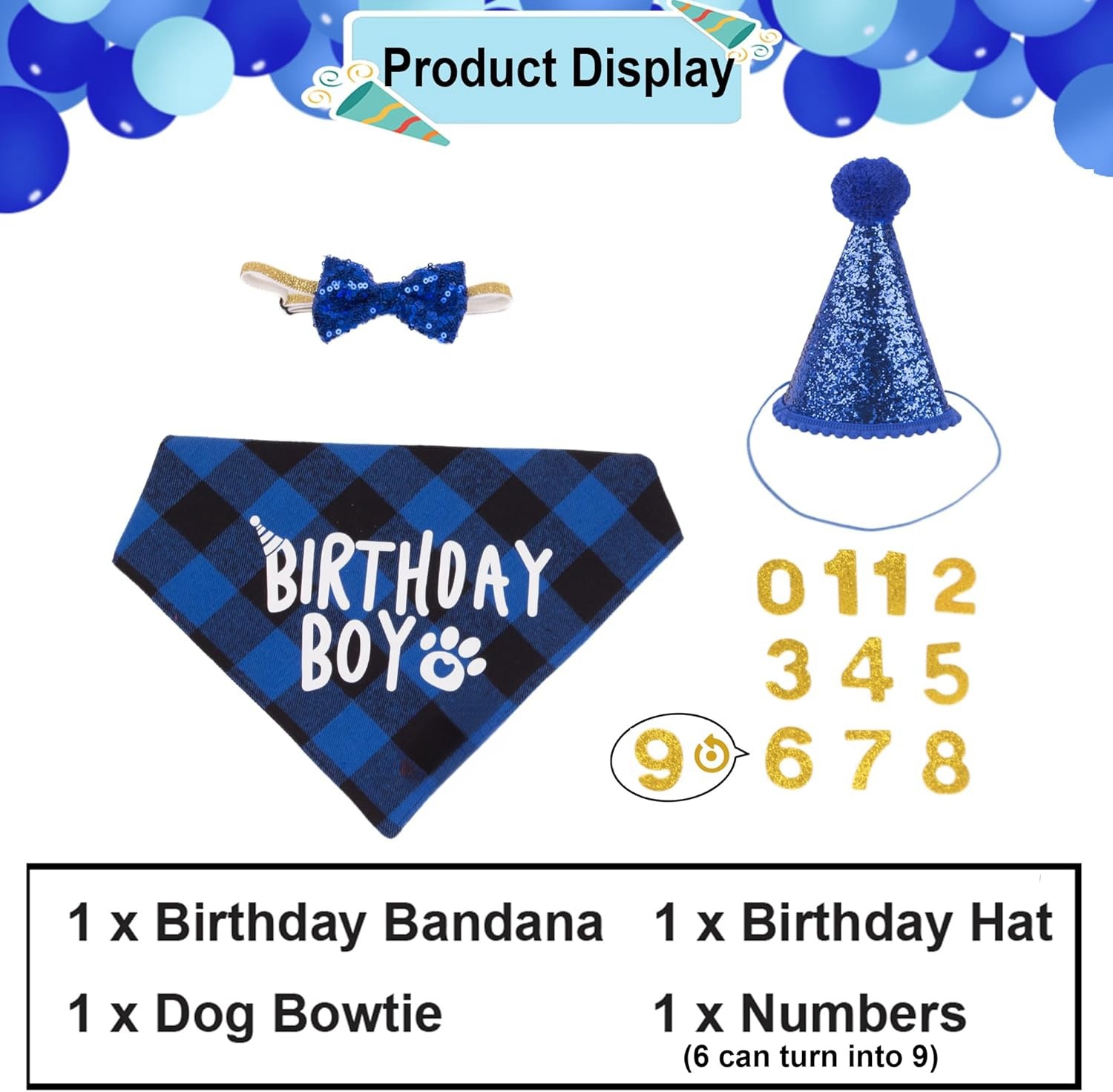 Dog Birthday Party Supplies, Multi Size Offered, Birthday Boy Dog Bandana, Dog Birthday Hat with Numbers for Medium Large Dogs Pets
