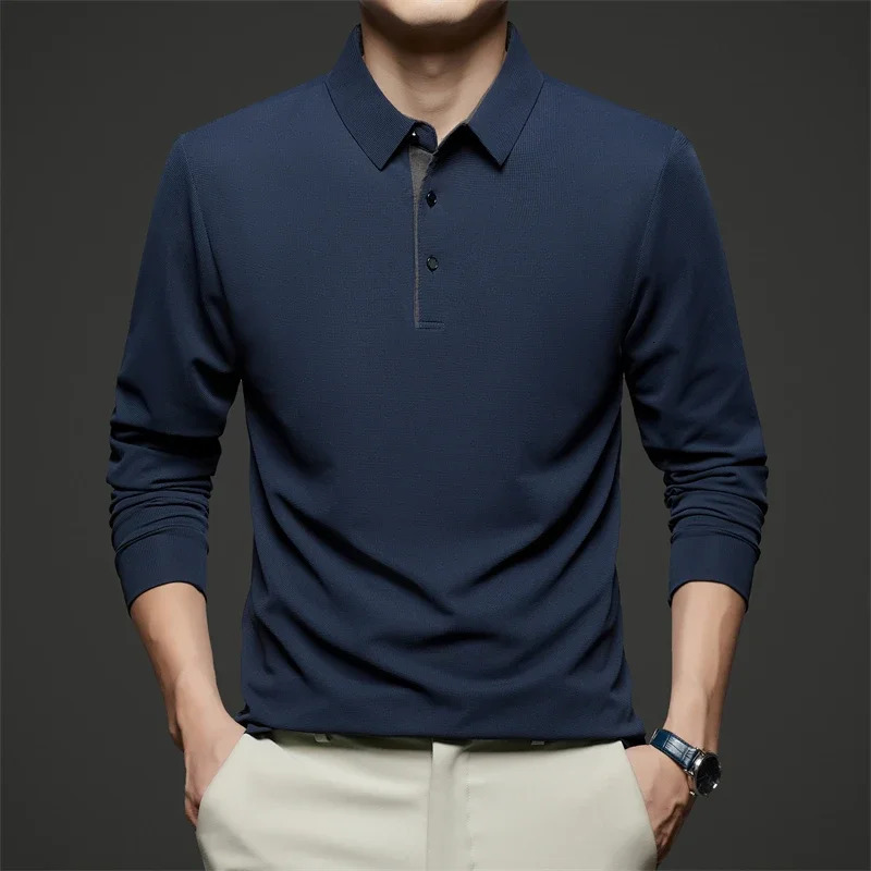 Mens Business Casual Long Sleeve Solid Color Polo Shirt Fashionable Warm Comfortable Four Seasons Versatile Top 250227