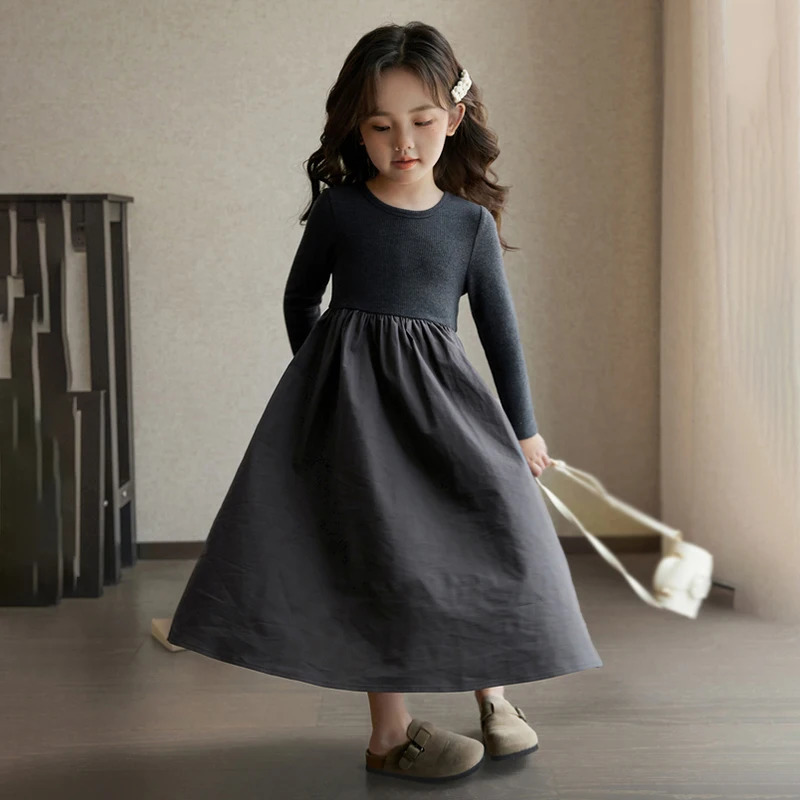 Girls Knitted Patchwork Dress Childrens Round Neck Long-Sleeved Dress 3-9 Years Old Baby Dresses 250227