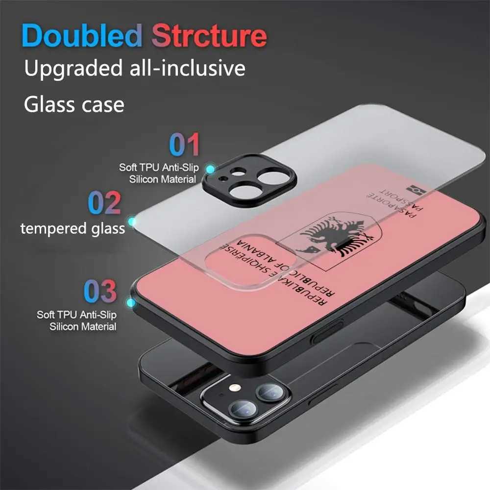 Albania Passport Phone Case Glass Shell FOR IPhone 14 11 12 8 7 15 Plus 13 Pro MAX XR XS MINI Covers Z250227
