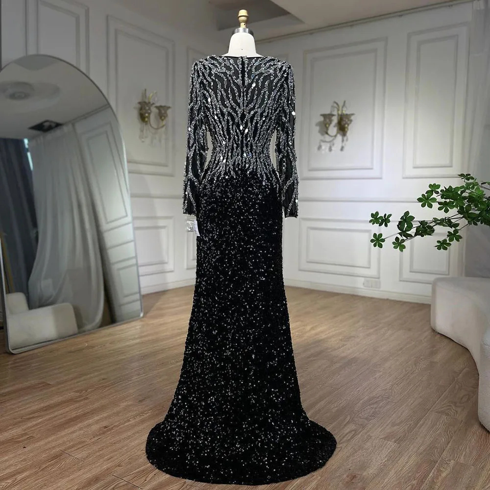 Luxury Black Mermaid Dubai Evening DressesV-Neck Long Sleeves Arabic Women Formal Party Gowns Customized