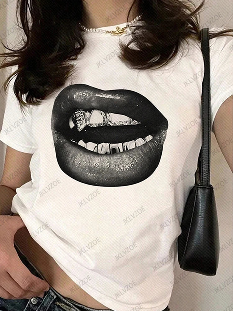 Summer Sporty Cotton T-Shirts Lip Printed Female Clothing Short Sleeve O-neck Tees Funny Women T Shirt Vintage Unisex Tops 250227