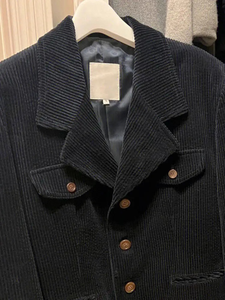 Spring And Autumn Black Corduroy Suit Jacket For Women Short Flip Collar Casual Top 250227