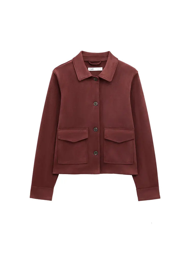 TRAF Suede Texture Casual Chic Women Jackets Solid Turndown Collar Pockets Loose Short Coats Fashion Outwears 250227