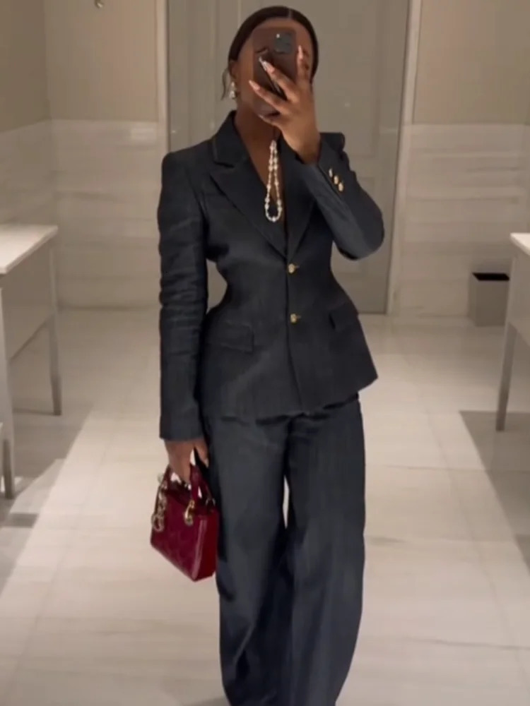 Fashion Denim Blazer Long Pants Sets For Women 2025 Spring Lapel Suit Jacket Chic V-neck Vest Wide Leg Pants 3 Pieces Suits 250226