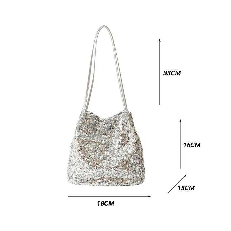 New Arrival Womens casual solid color handbag large capacity sequin handbag luxurious sparkling bucket handbag womens shoulder bag T250227