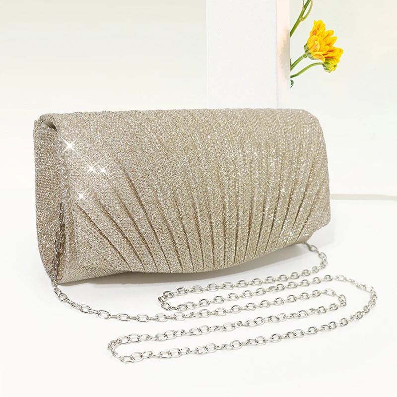 Evening Clutch Bag Womens Pleated Sequin Wedding Purse Bride Handbag Chain Crossbody For Banquet Party Dinner XA13ZZ 250226