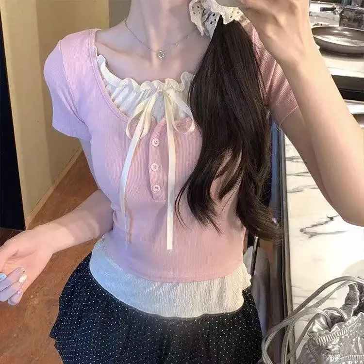 Lace Two Gray Women TShirts Summer Korean Fashion Slim ShortSleeved American Spice Girl Retro Sweet Short Tops 250226