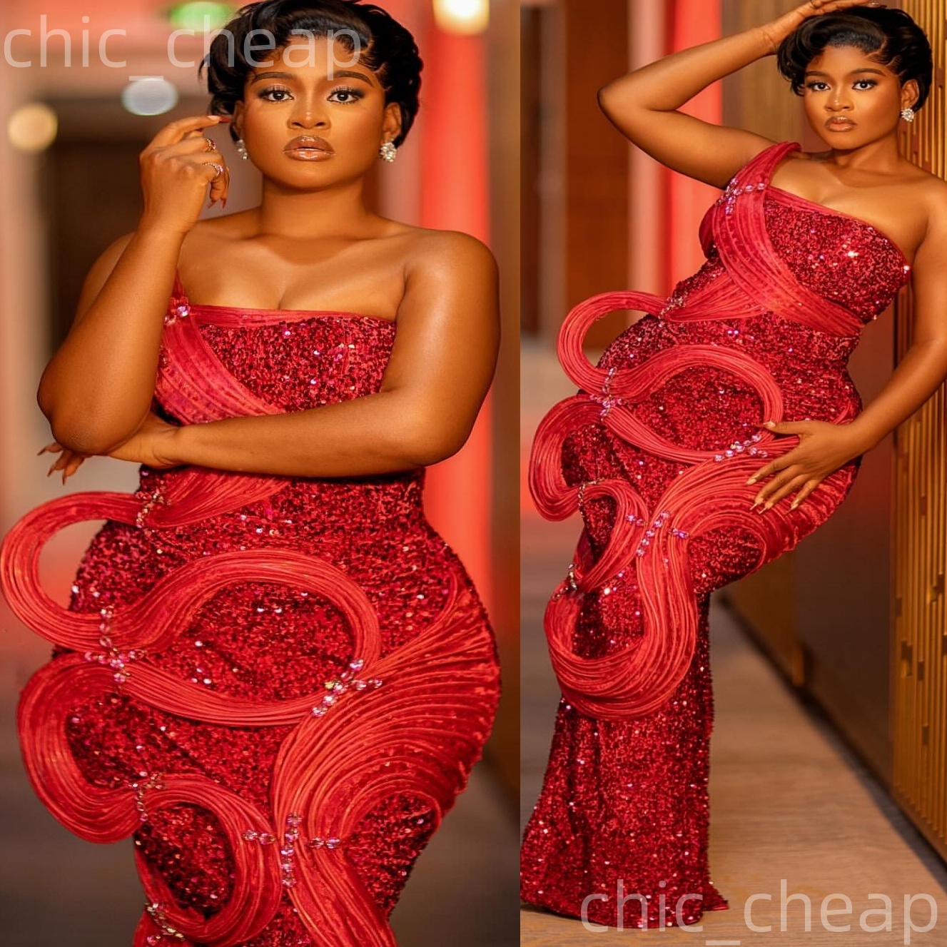Red Mermaid Prom Dresses 2025 Crystals Strapless Sequined Stylish Evening Formal Party Second Birthday Engagement Gowns Plus Size Dress For Special Oc