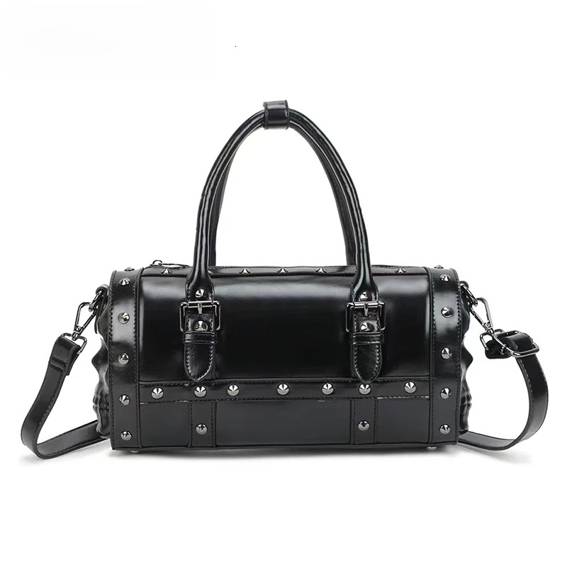 Studded Double Black Skull Satchel Handbag Womens Shoulder Bags Personality Rivet Single Strap Travel Bag Gothic Style