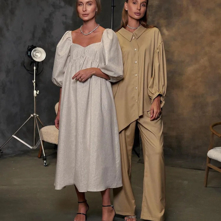 Jastie Summer Cotton And Linen Long Dress Women French Square Neck Puff Sleeve Dresses Elegant Loose Solid Big Swing Dress 250225