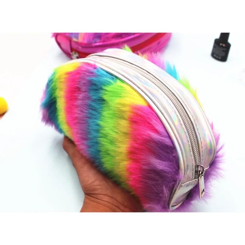 Ship from US Creative Rainbow Color Plush Pencil case Multifunctional Cosmetic Stationery Storage Bag EM88 250227FBB