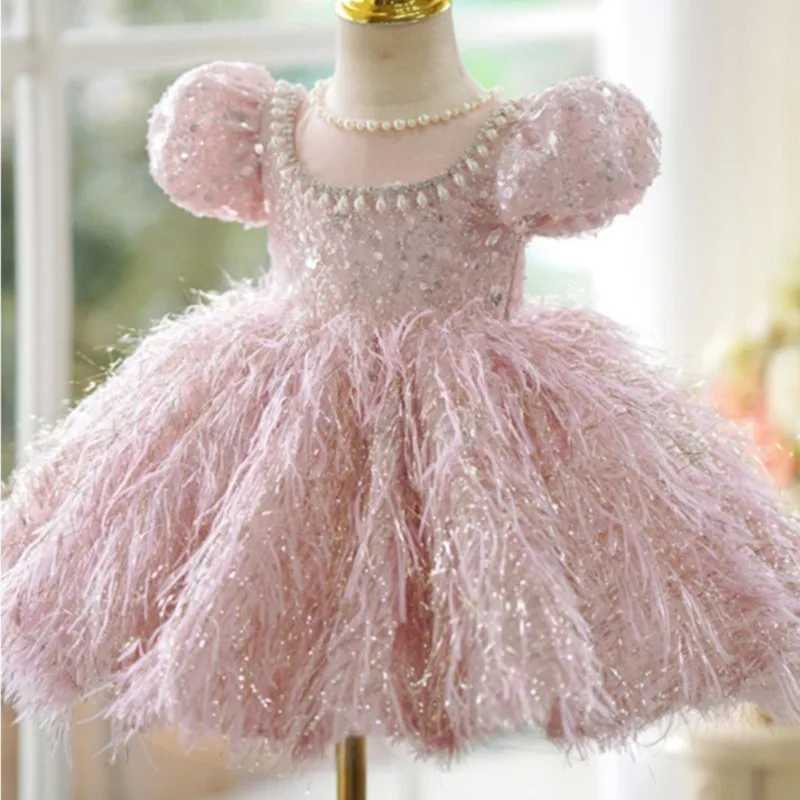Girl's Dresses Fashionable baby girl princess sequined feather dress with fluffy sleeves childrens pearl Visconti party baby clothing 2-14Y Y2502