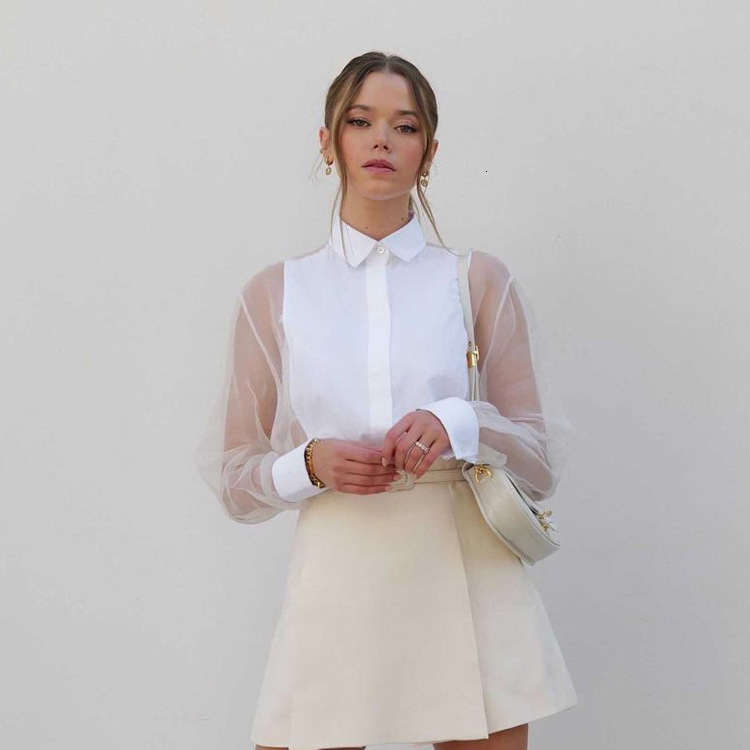 New3 Spring/Summer Fashion Long Sleeve Polo Collar Organza Spliced Shirt Top Transparent Sexy Women's Wear