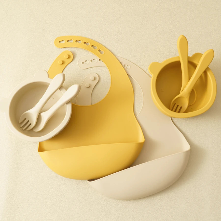 Mamaplan Baby Silicone Feeding Dishes Plate Sucker Bowl Waterproof Bib Solid Color Spoon Fork Childrens Tableware Baby Stuff 250227
