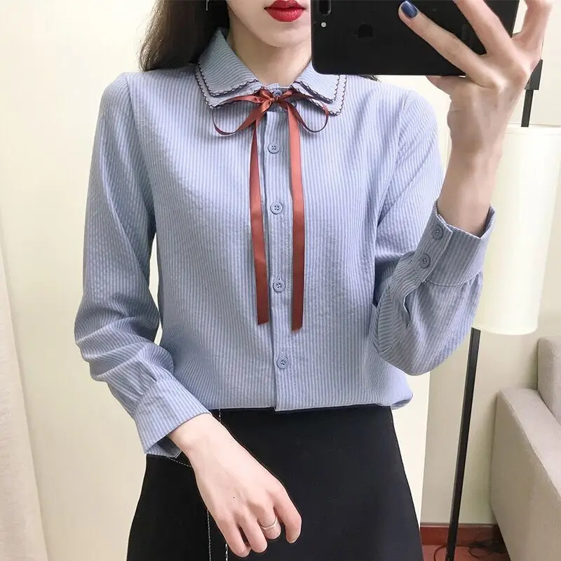 Spring Autumn Sweet Double Layered Collar Shirt Korean Drawstring Bow Womens Clothing Commute Single-breasted Striped Blouse 250226