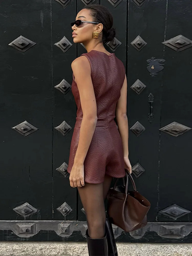 PU Leather Tank Top Shorts Set Women Sleeveless O-neck Loose Vest Tops High Waist Shorts Suits Female 2 Pieces Burgundy Street 250226