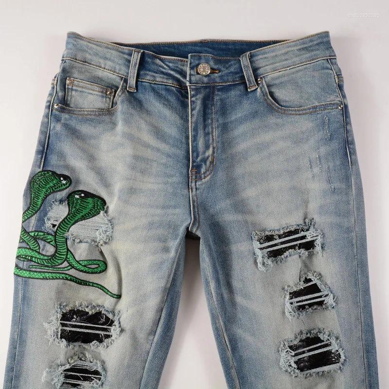 Men's Jeans Light Blue Embroidered Snake Patchwork High Street Stretch Distressed Slim Fit Ripped Men