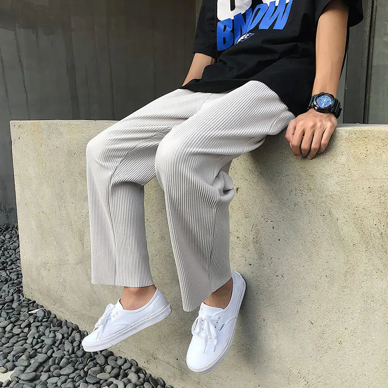 Wrinkled straight pants mens oversized casual pants mens Japanese streetwear loose ice silk pants mens wide leg Trousers S-2XL 250225