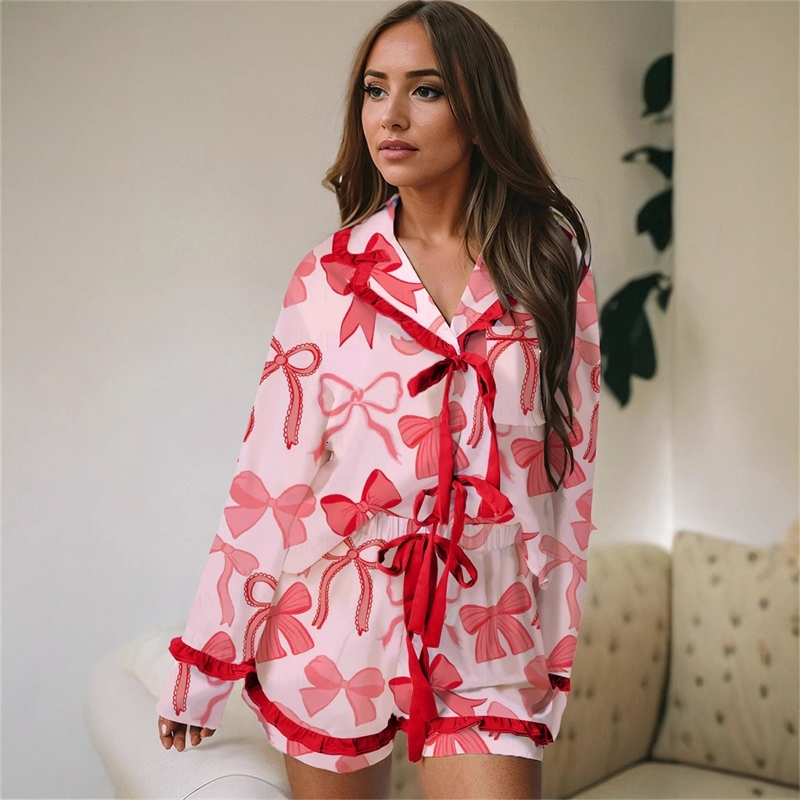 Women Tracksuits Two Pieces Set 2025 New Pleated Long Sleeved Thin Printed Valentines Day Pajamas Casual Set 5 Colors