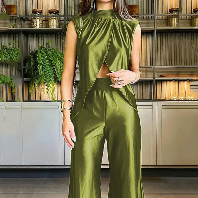 Womens wide leg pants set vest sleeveless top and cuff cross twopiece Y2k Midi waist Trouser 250226