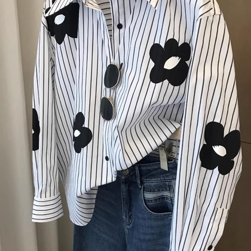 Spring Long Sleeve Loose Printing Patchwork Blouse Polo Neck All-match Youth Vintage Shirt Tops Fashion Casual Women Clothes 250226