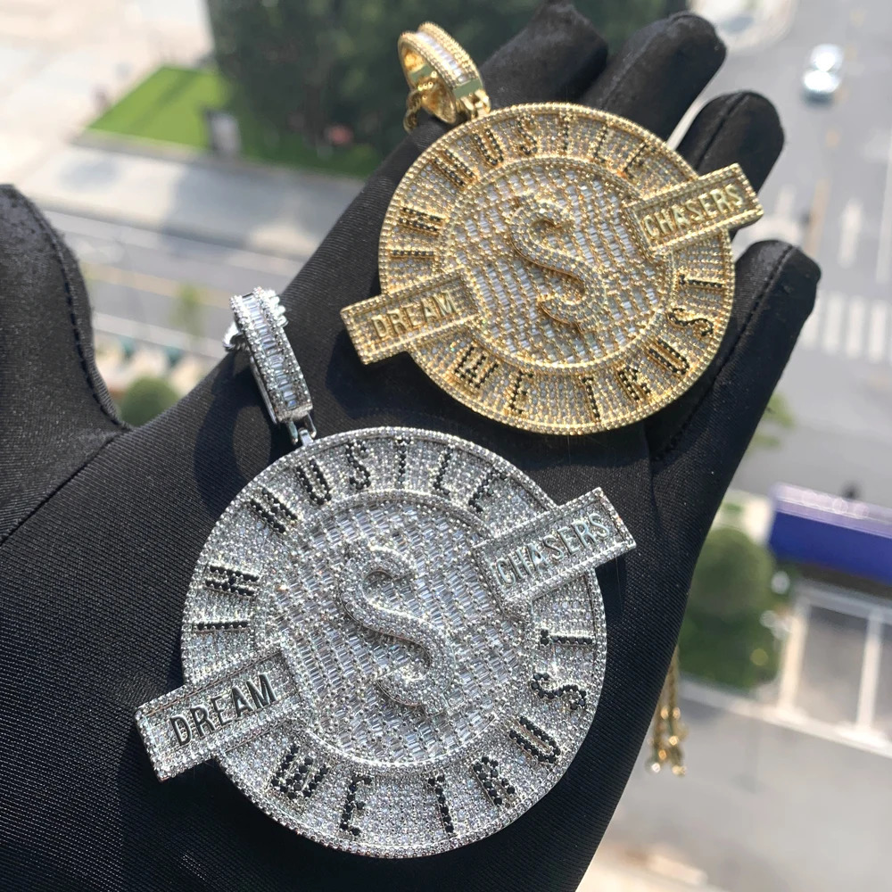 Iced Out Bling Round Letter Pendant Necklace Gold Color CZ Cubic Zirconia Badge Charm Men Fashion Hip Hop Jewelry 250227