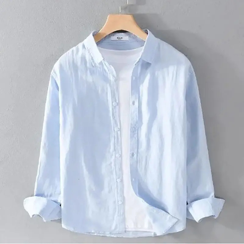 Spring Summer Mens Solid Color Simple Long-sleeved Shirt Loose High-end Comfortable Square Collar Handsome Trendy Mens Shirt 250224