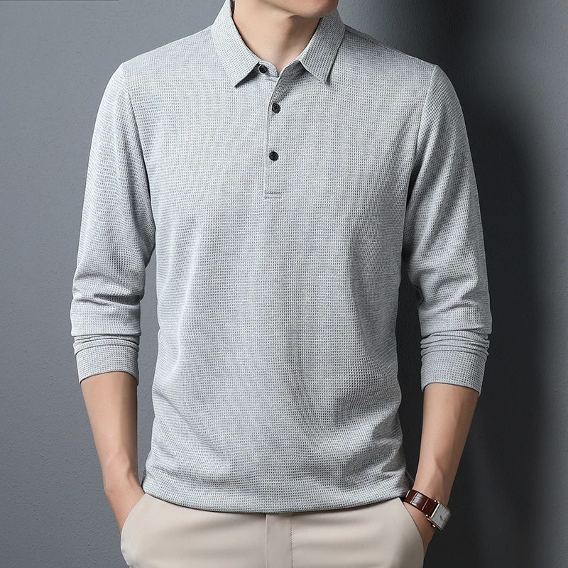 Mens Business Casual Polo Long Sleeve T-shirt Summer Comfortable Top 250224