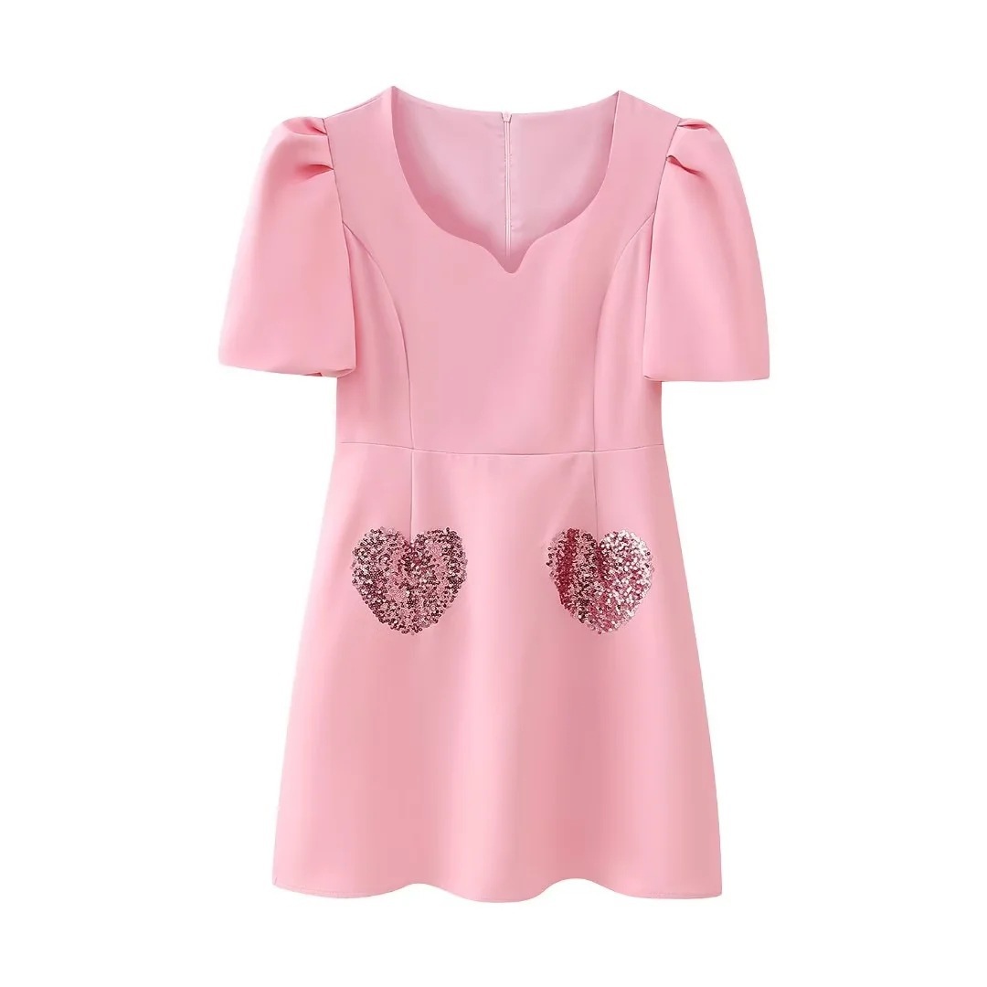 (128) Spring new women's style pink puff sleeve dress gentle and sweet short dress