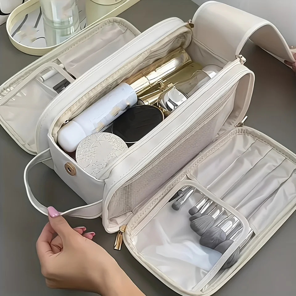 Ship from US Large Capacity Trifold PU Leather Cosmetic Bag Spacious WaterResistant Stain Resistant Fade Zip Pocket Makeup B 250227FBB
