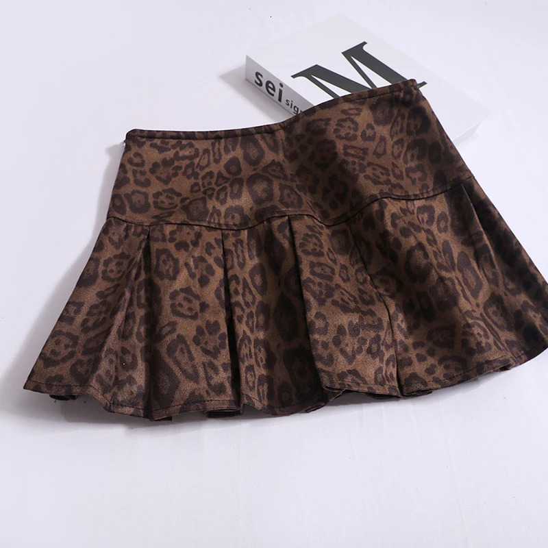 Women Fashion Leopard Print Pleated Skirt Sexy High Waist Leather Fluffy Skirt Chic Zipper Bodycon A-line Mini Skirt Streetwear 250224