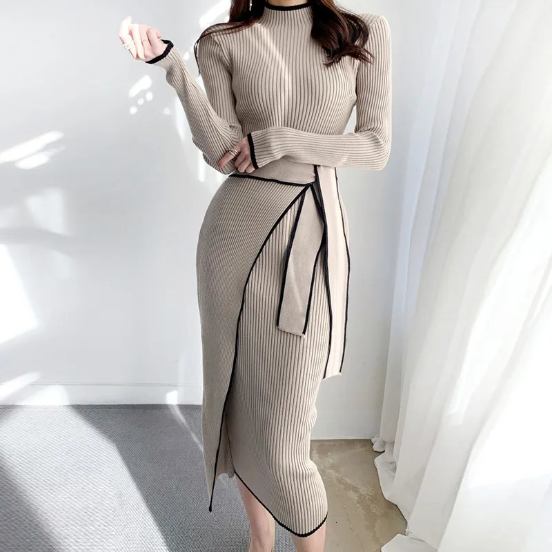 YuooMuoo Elegant Lace Turtle Neck Knitted Long Dress Korean Fashion Khaki Black Rib Bandage Tight Sweater Robe Women 250226