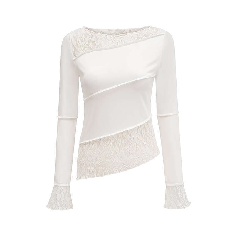 Autumn Top Women's Fashion Sexy Slim Fit Lace Splicing Long Sleeve T-shirt 2025 Versatile New Trendy Clothing Ins