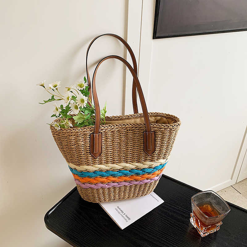 Bohemian style one shoulder grass woven bag, summer 2025 new rainbow striped woven bag, beach vacation beach bag