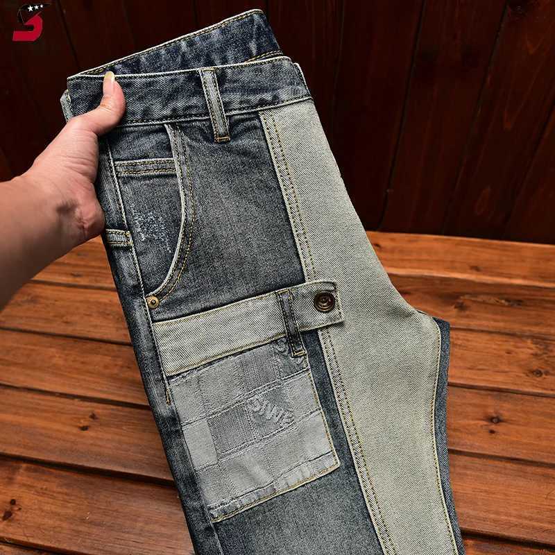 High-End Trendy Jeans Mens Stitching Patchwork Fashion Stretch Slim-Fitting Ankle-Tied Trendy Brand In Pants X250227