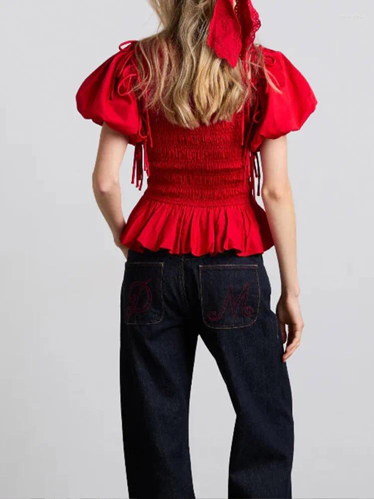 Women's Tanks 2025 Lace-up Sleeve Shirts For Women Fashion Red Round Neck Pleated Hem Pullover Spring Female High Street Tops