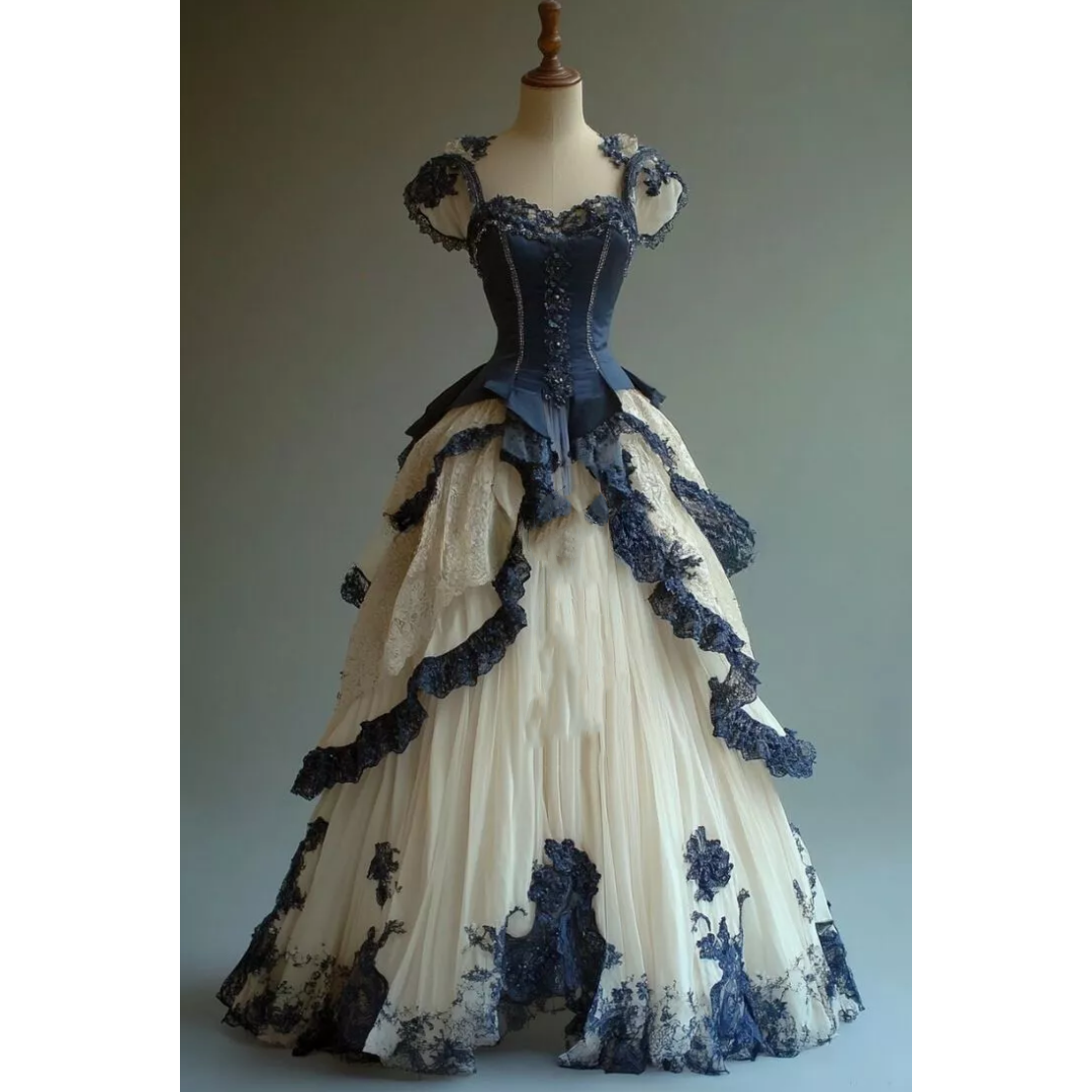 Medieval Vintage Princess Prom Dresses Lace Appliques Navy And Champagne Floor length A-Line Evening Gowns Sweetheart Neckline Short Sleeves Formal Pa