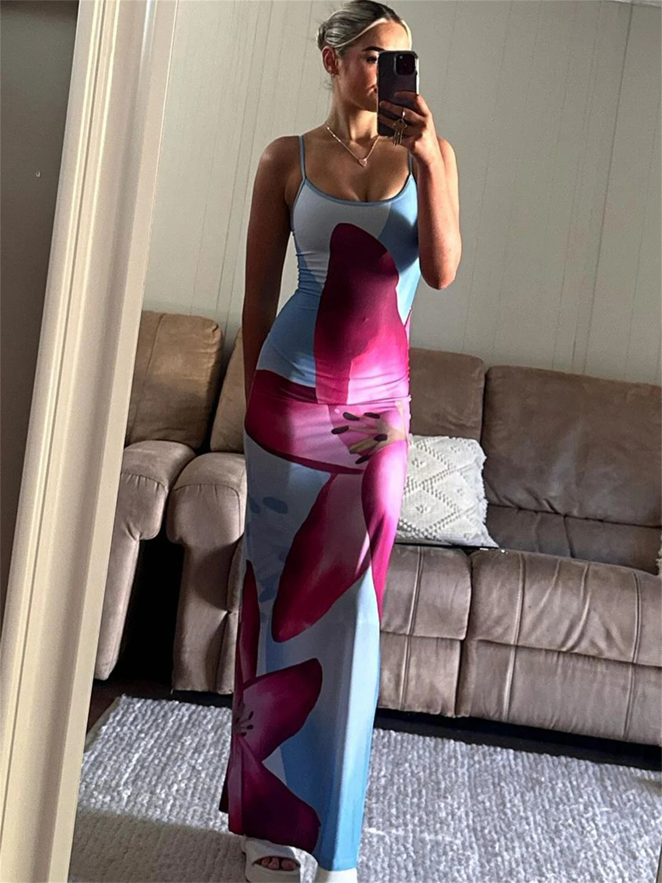 Tossy Spaghetti Strap Lily Floral Slip Dress Summer Casual Printed Maxi Dresses Backless Bodycon Slim Boho Long Sundress 250222