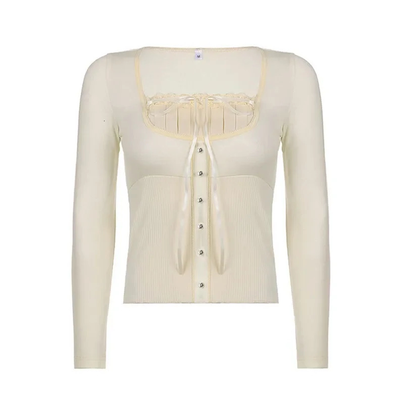 Y2K top womens clothing sweet Tshirt crop spring and autumn retro lace patch work long sleeved 250226