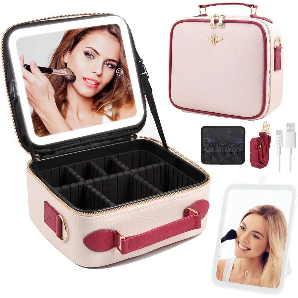 Ship from US Travel Makeup Bag with Mirror of LED Lighted Rechargeable Cosmetic Train Case Artist Organizer for Women 250227FBB