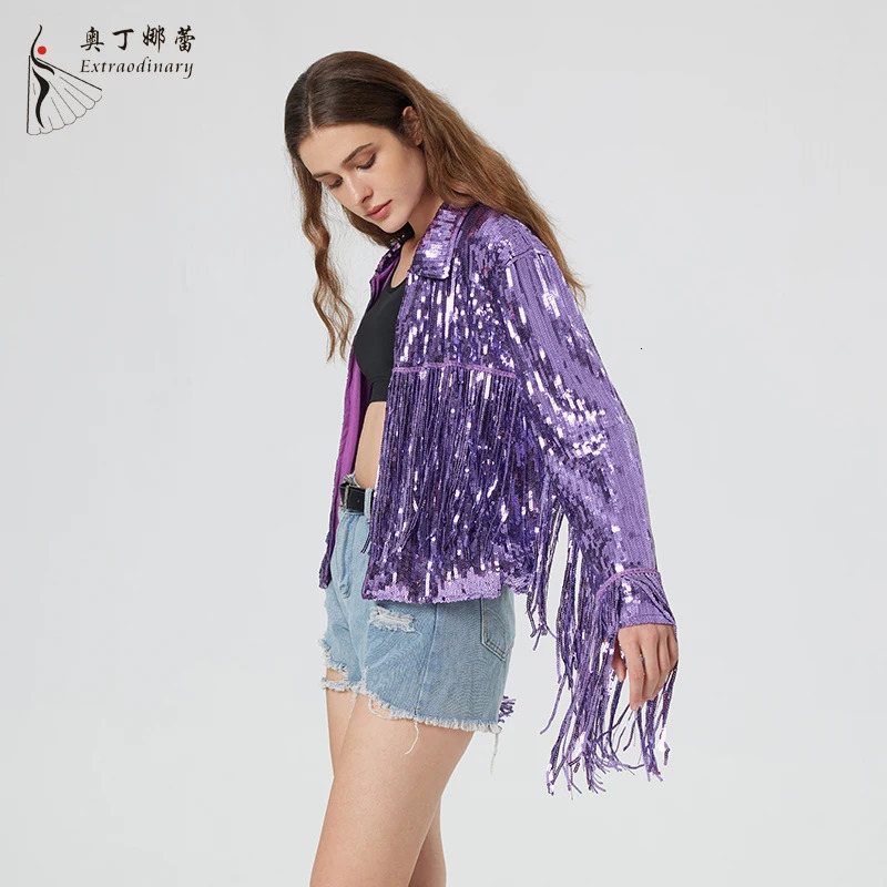 Distinctive Womens Sequin Suit Jacket Tassels Informal Occasion Purple Coat 250227