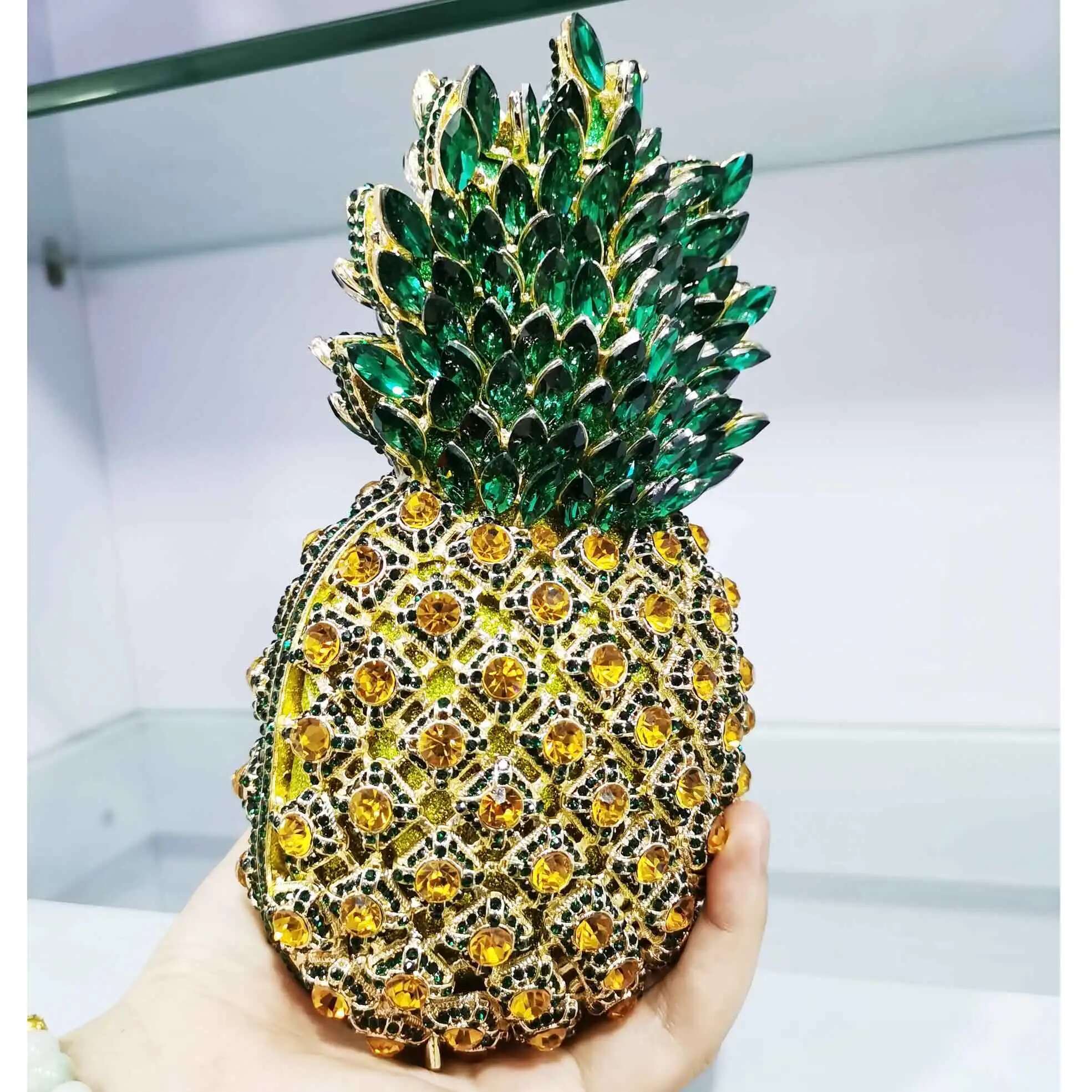 KHNMEET Crystal Green Pineapple Evening Ladies Party Purse Chain Clutch Bags Female Dia Handbags SM37