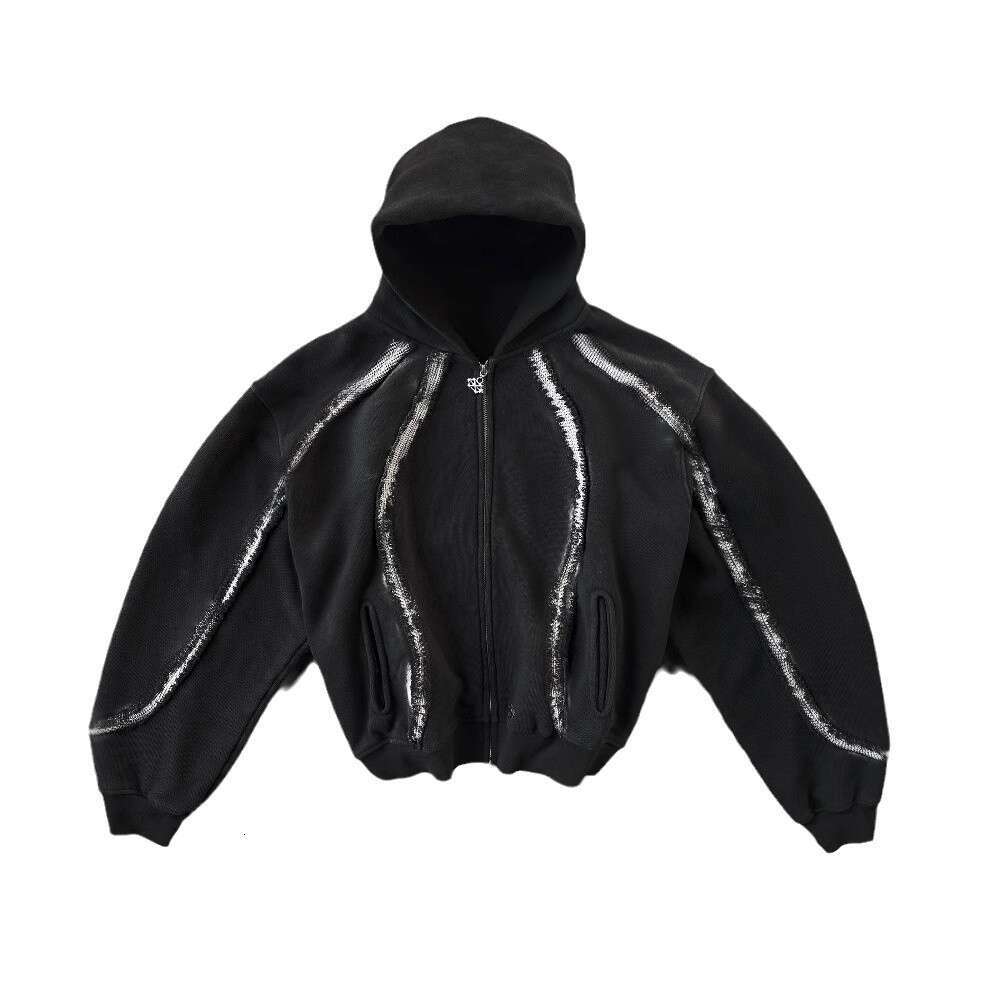American heavy industry embroidery damaged high street dark punk design men's and women's loose hooded sweatshirt zipper jacket