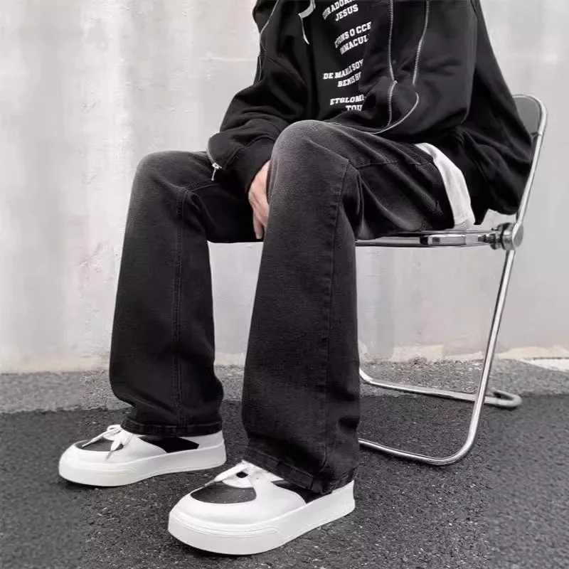 Black Vintage Loose-Fit Straight-Leg Denim Jeans For Men Casual Trendy American Style Micro-Flared Bell Bottoms From China X250227