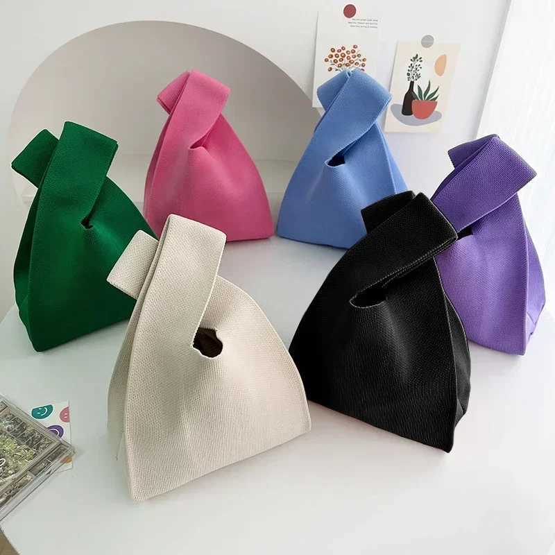 Handmade Knit Handbag Women Mini Knot Wrist-bag Female Casual Color Wide Stripe Plaid Tote Bag Student Reusable Shopping BagXJ250227
