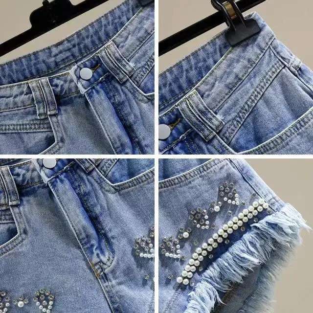 Pink Bead Diamond Irregular Burr Edge Wide Leg A-Word Denim Shorts Pants Womens Korean High Waist Jean Shorts Mujer 250226
